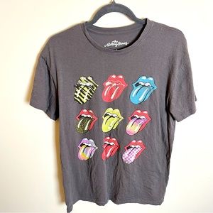 Rolling Stones Top Womens L Gray Grey Graphic Tee Classic Tongue Lips Rock